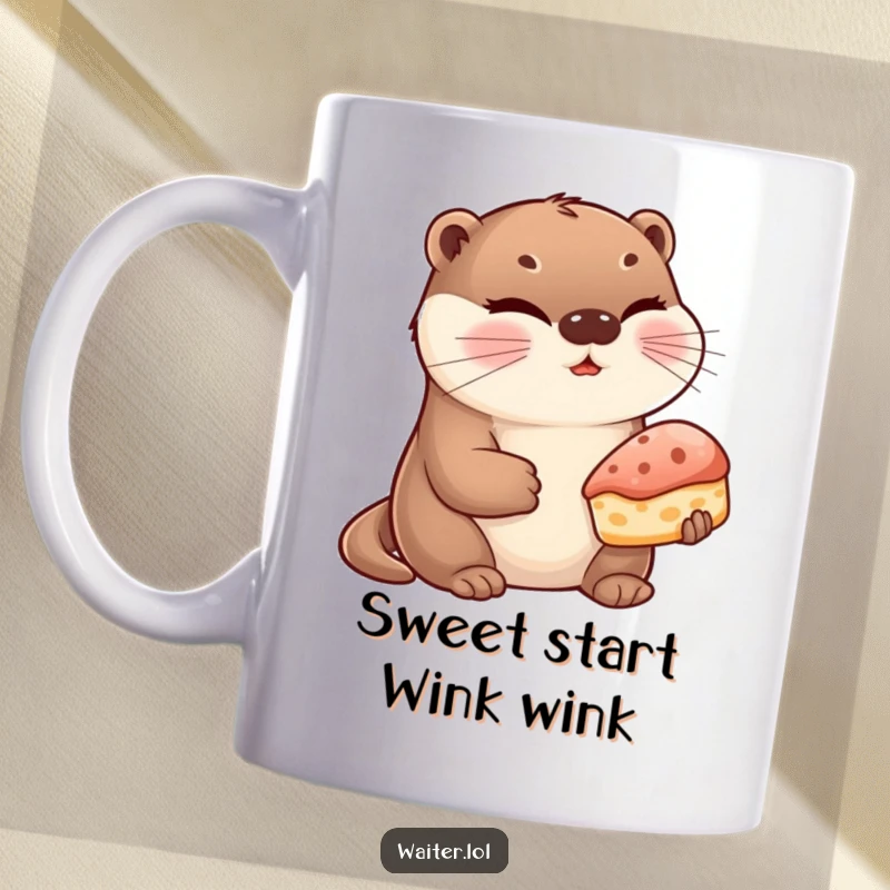 Funny Otter Pastry Mug: A cute, winking otter presents a single, delicious-looking pastry with playful charm.