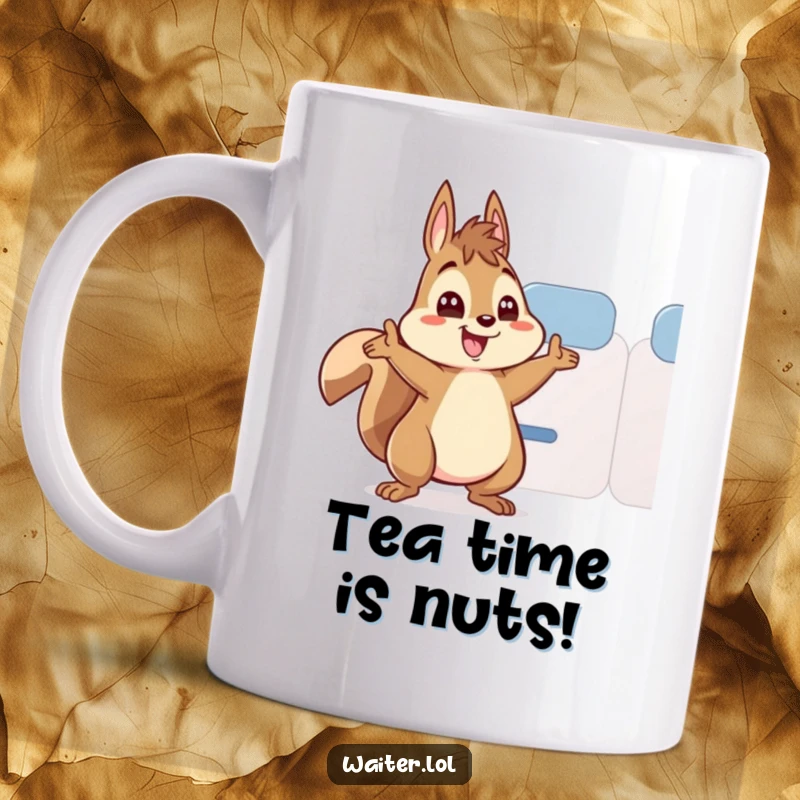 Funny mug showing an energetic squirrel character enthusiastically refilling a teacup with wide, excited eyes.