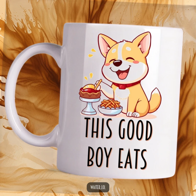 Funny Dog Menu Mug: A happy dog enthusiastically points a paw towards a delicious-looking menu item, eager to eat.