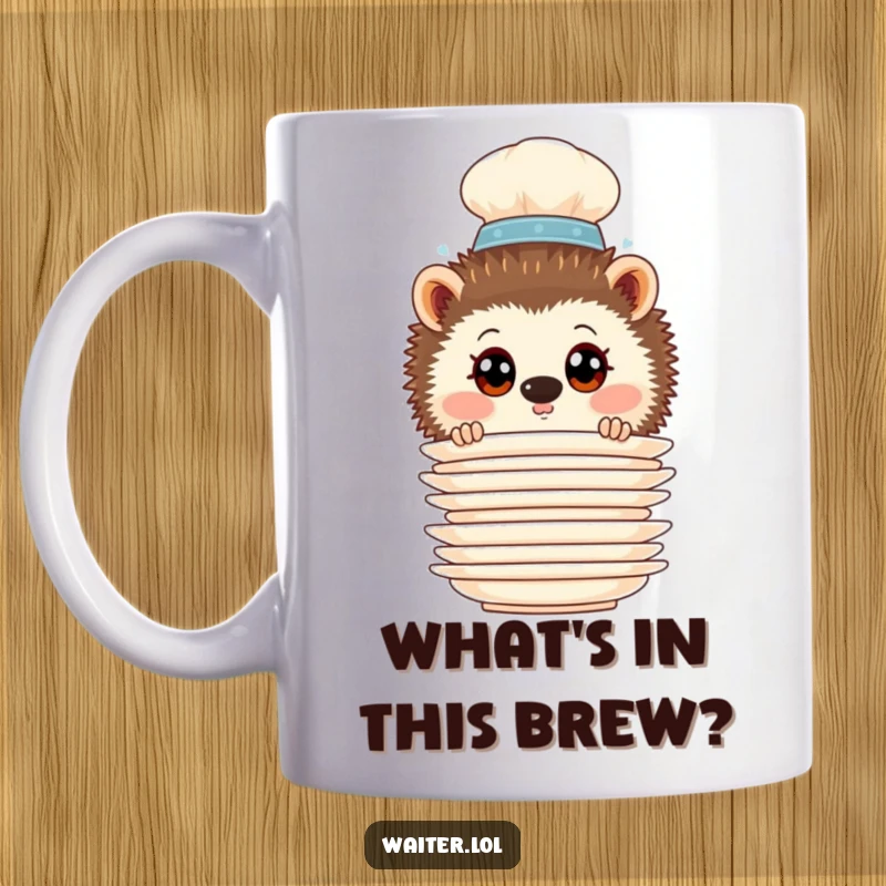 Funny Hedgehog Waiter Mug: Curious hedgehog waiter peeking from behind a tall stack of plates with wide, inquisitive eyes.