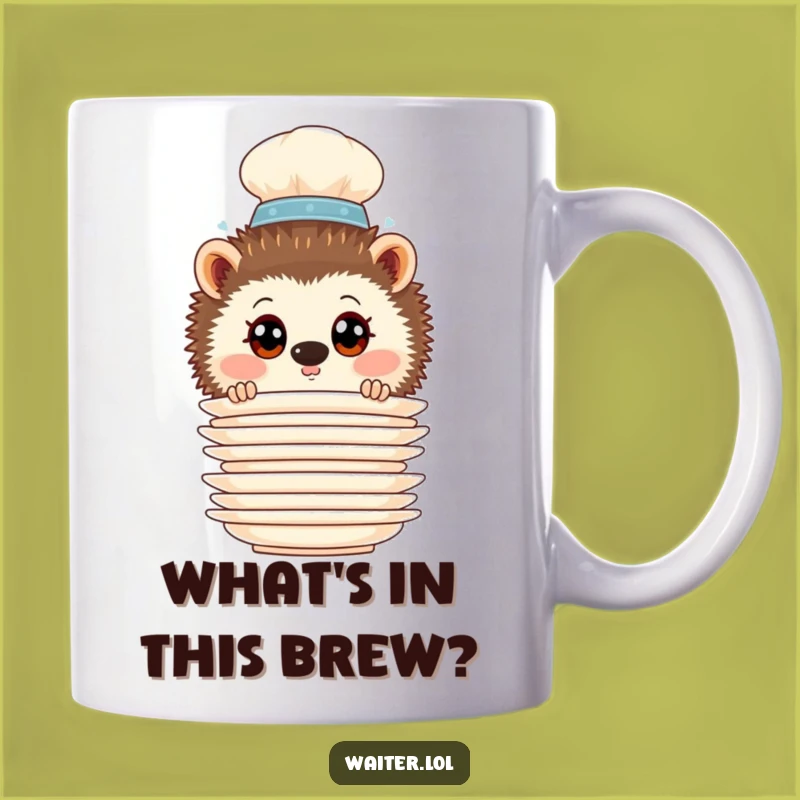 Funny Hedgehog Waiter Mug: Curious Critter Behind Plates is a Hilarious Gift