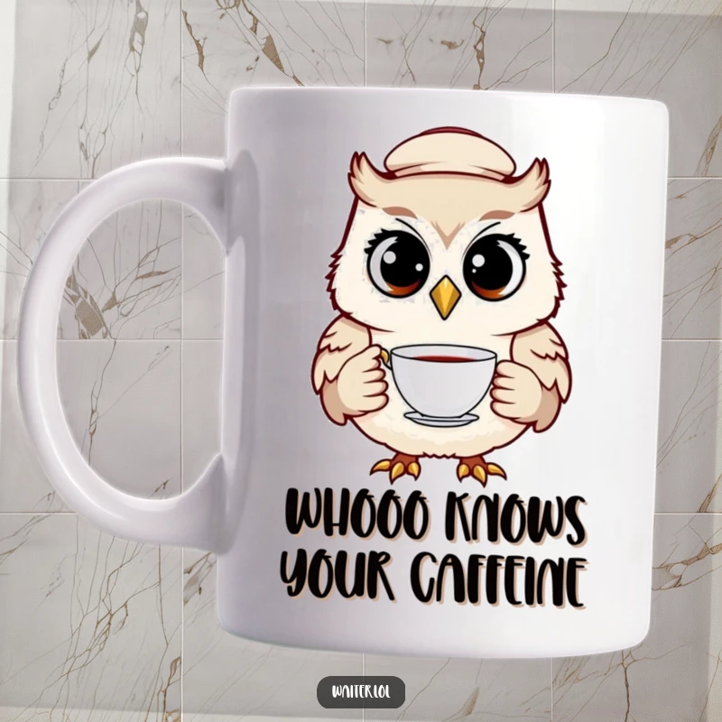 Funny owl waiter mug featuring a cheerful bird in a cap, delicately holding a teacup with wide, knowing eyes, ready to serve.