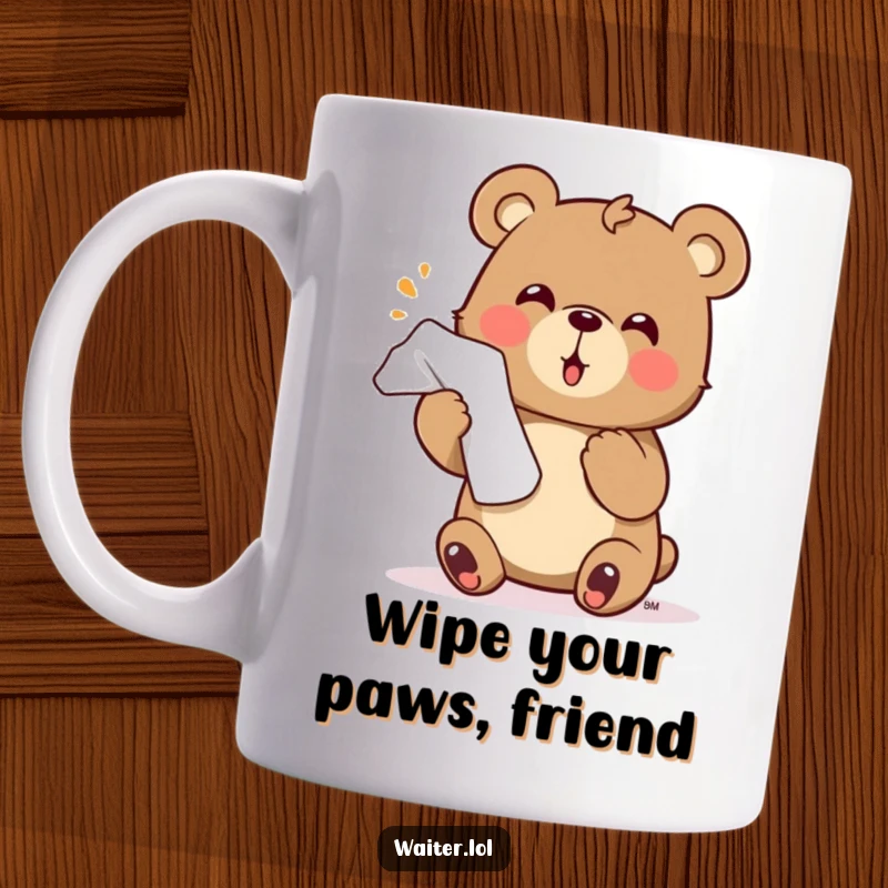Funny bear mug showing a cute character enthusiastically offering a napkin with a flourish, highlighting hospitality humor.
