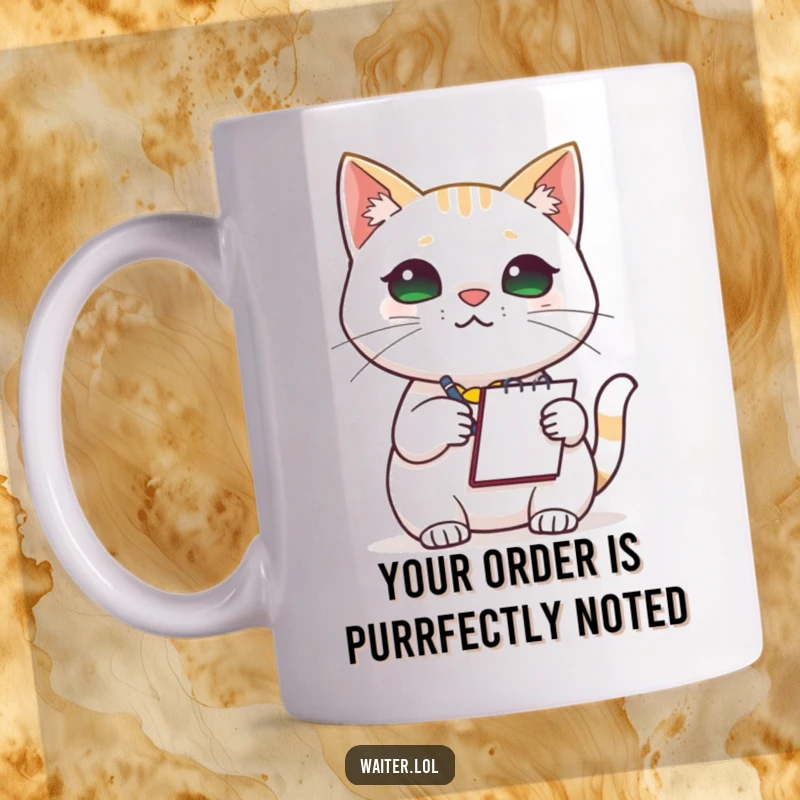 Funny Cat Barista Mug: A focused cat with a notepad intently taking an order, looking polite and engaged, perfect for coffee lovers.