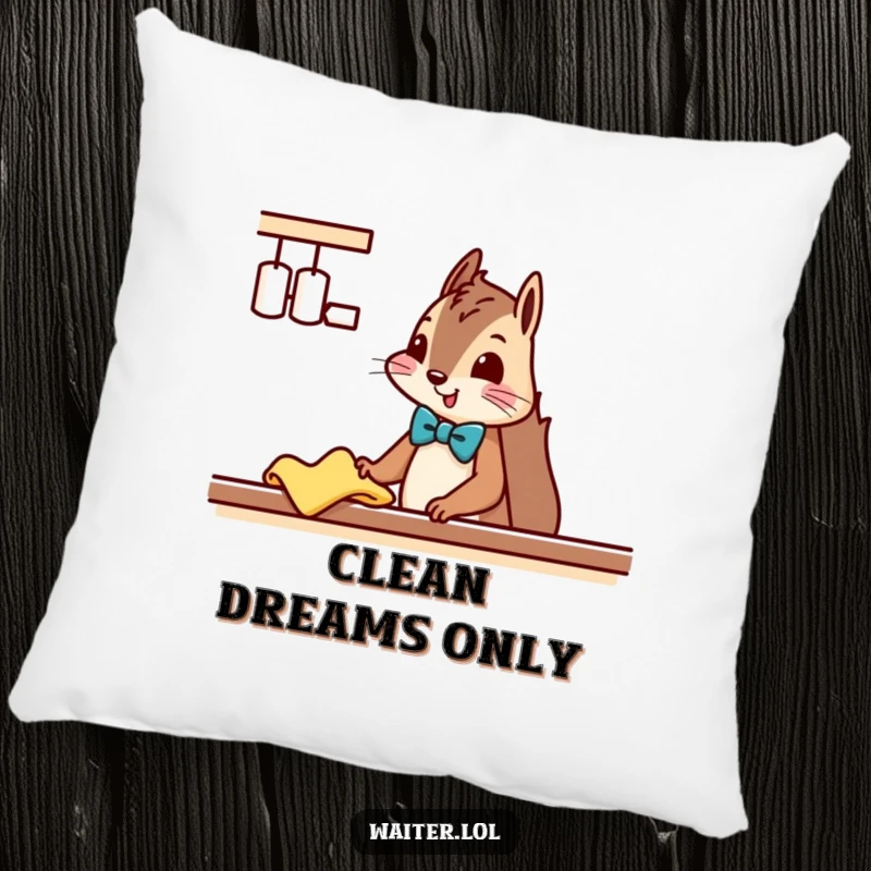 Funny Squirrel Cleaner Pillow: A squirrel in a bowtie politely wipes a counter with a cloth, offering comfort and cleanliness.