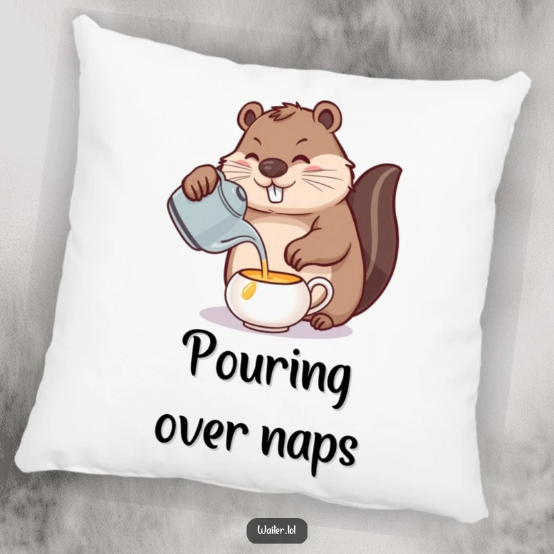 Funny beaver pillow, a beaver carefully pouring tea, offering comfort and a statement of precision, a soft and funny decor piece.