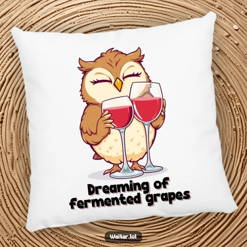 Funny and cozy pillow featuring a giggling owl winking as it cleans a wine glass, perfect for adding humor to any room.