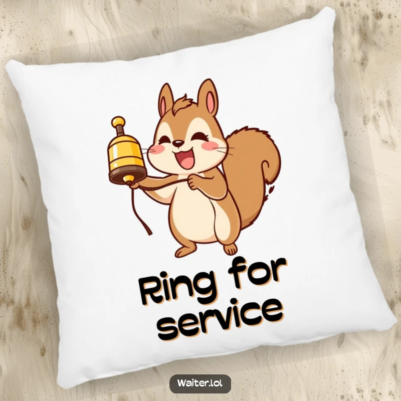 Funny squirrel pillow, snuggled with a service bell, offering comfort and a touch of silliness, a soft and funny decor piece.