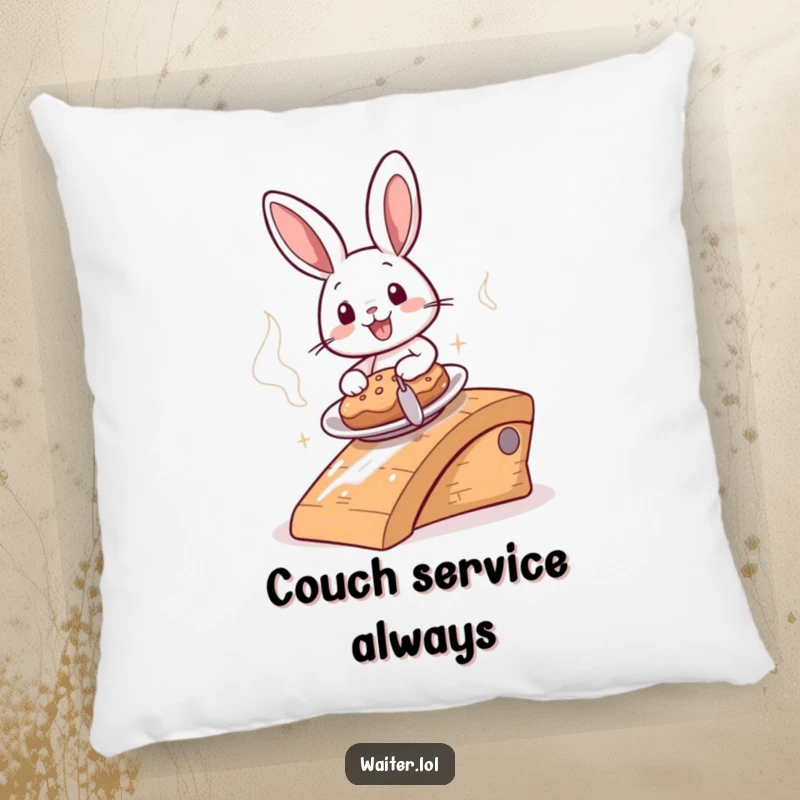 Funny cheerful bunny sliding a steaming plate down a ramp on a decorative pillow, offering cozy, speedy humor.
