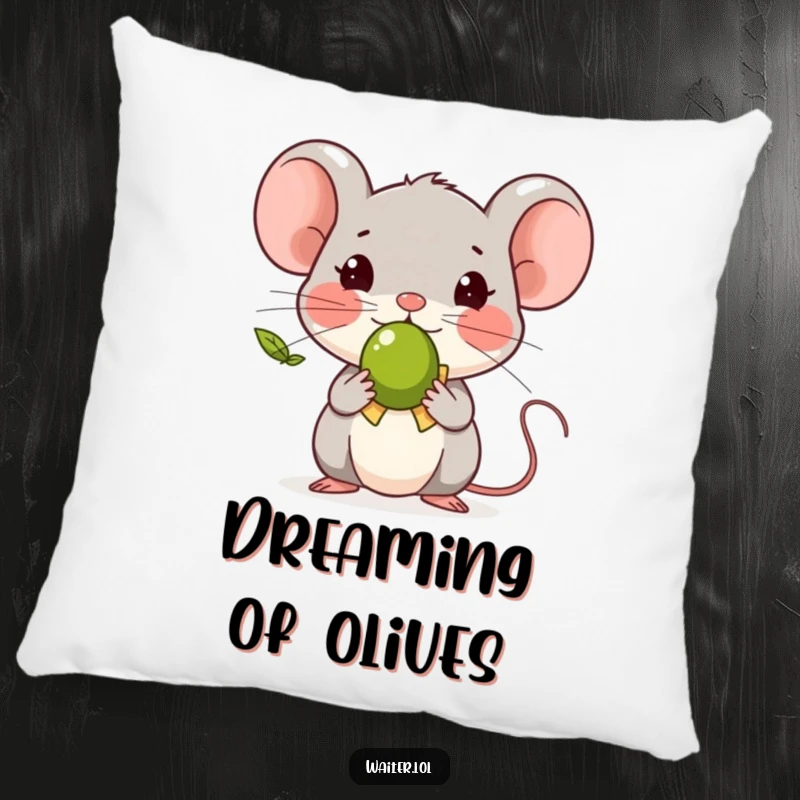 Funny tiny mouse character bowing with one olive, printed on a soft and decorative throw pillow.