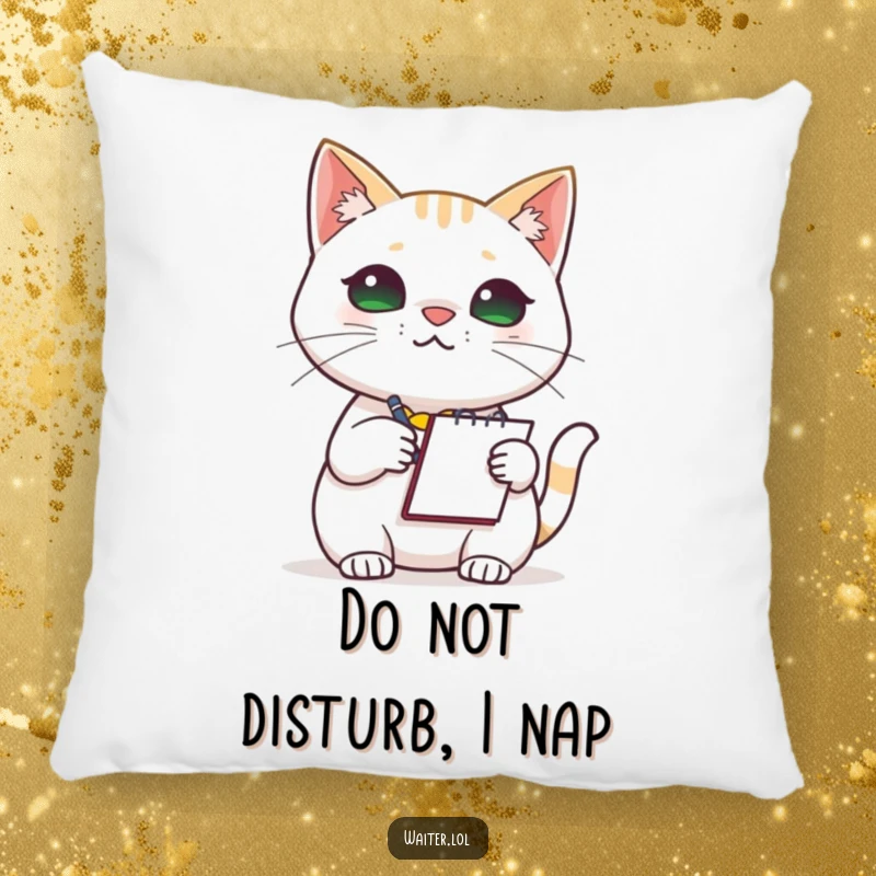 Funny Cat Barista Pillow: A soft pillow displaying a focused cat in an apron, holding a notepad and pen, ready to take your order.
