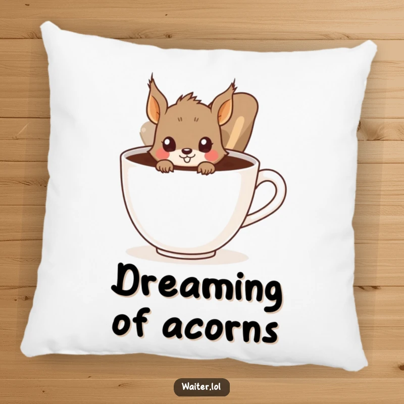 Funny Squirrel Pillow: A curious squirrel peeks from behind a large coffee cup, a soft and humorous decorative item.