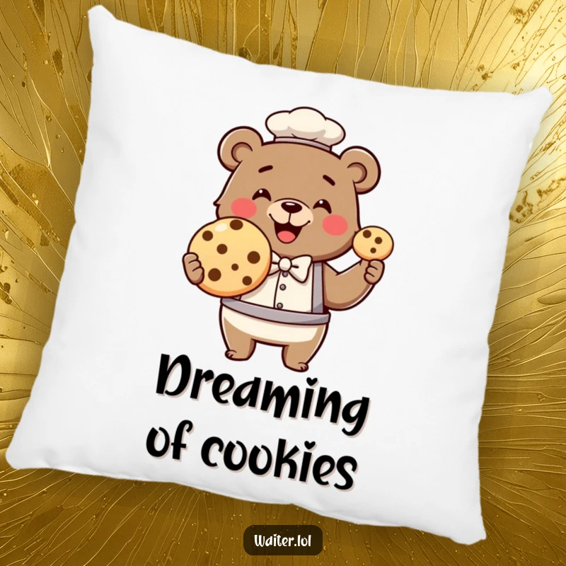 Funny bear waiter pillow, a smiling bear in a bowtie proudly presents a single, giant cookie with a happy expression.