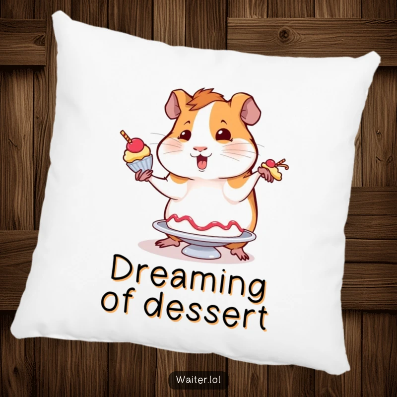 Funny pillow featuring a wobbly guinea pig attempting to balance a dessert with flair, offering soft comfort and a humorous, sweet aesthetic.