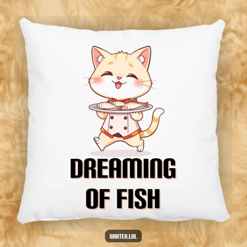 Funny cat waiter pillow, a giggling cat in a waiter outfit tiptoes carefully with a plate full of miniature fish.