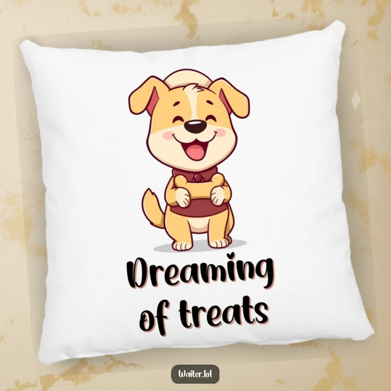 Funny Dog Waiter Pillow: A happy dog waiter wagging its tail excitedly delivers a bone-shaped treat, offering comfort and humor.