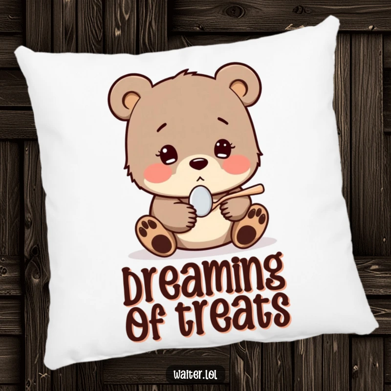 Funny pillow showing a shy bear cub shyly offering a tiny spoon with a hopeful expression, providing soft, heartwarming, and encouraging decor.