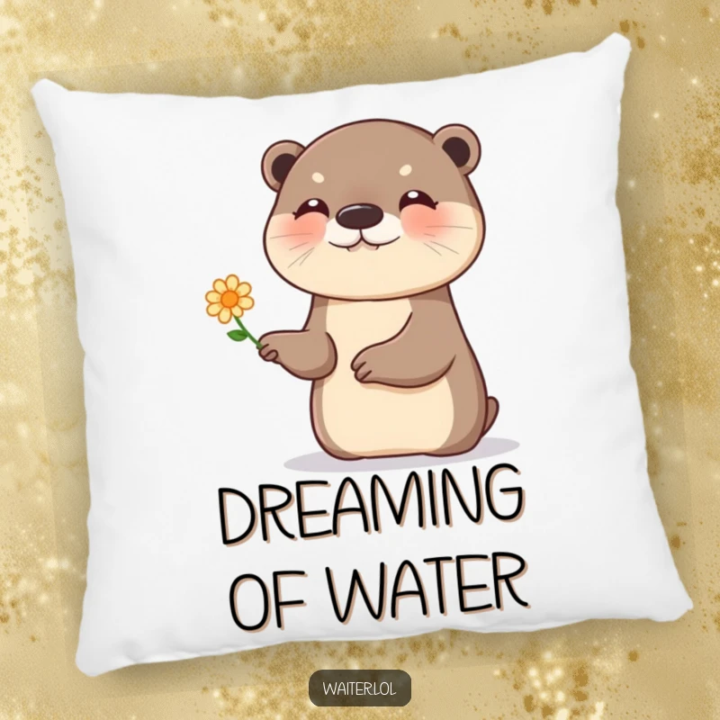 Funny otter flower pillow, a giggling otter presenting a single, tiny flower with a flourish, soft and charming decor.