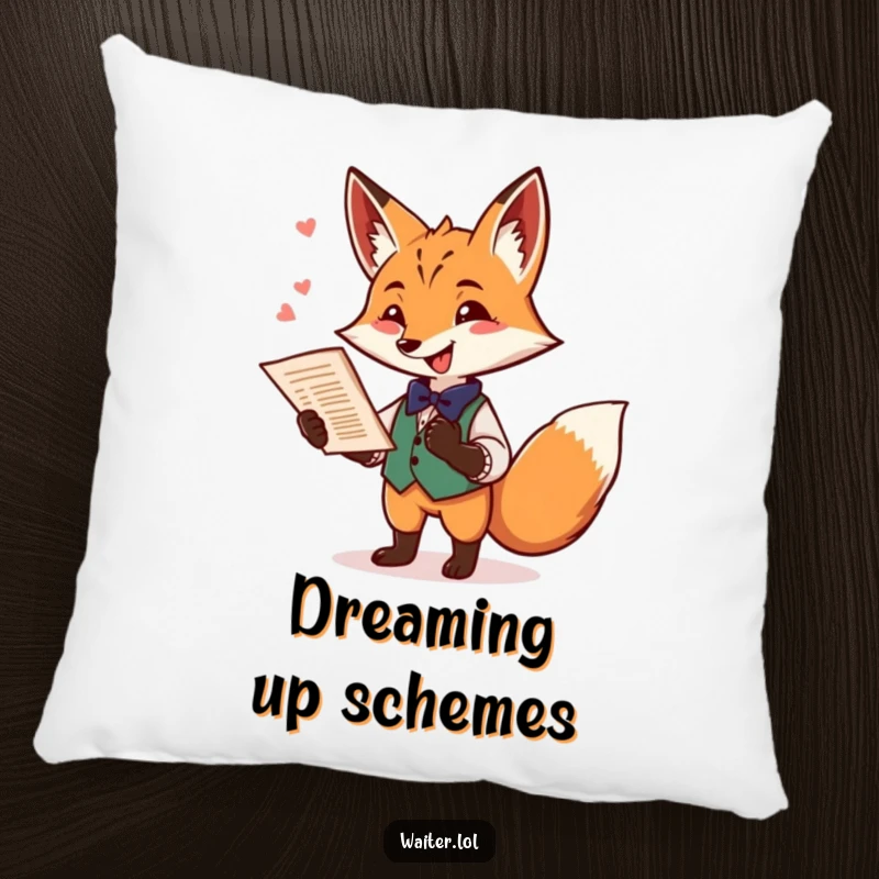 Funny fox waiter pillow featuring a playful fox offering a menu with a flourish and a mischievous twinkle, for comfortable decor.