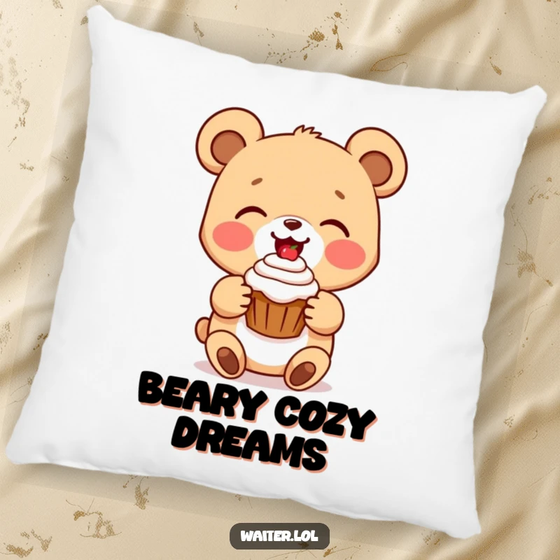 Funny bear cub pillow with a delighted cartoon bear presenting a perfect cupcake with a beaming smile, soft and charming decorative item.
