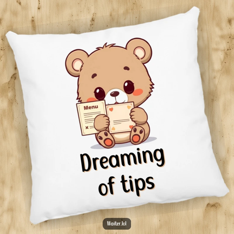 Funny bear cub pillow with wide, hopeful eyes, offering a small menu, providing comfort and a touch of adorable humor.