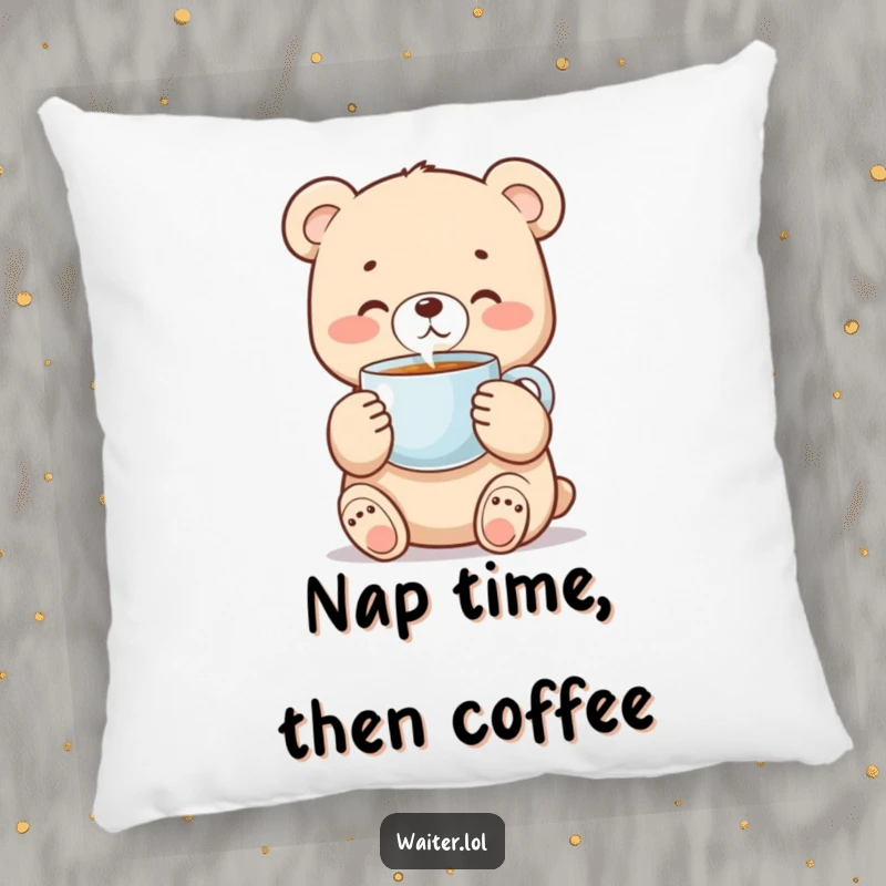 Funny bear cub pillow with a sweet cub carefully holding a steaming coffee cup, offering comfort and charm.