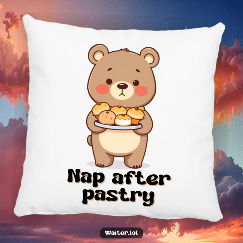 Funny Bear Pastry Pillow: A proud bear carefully holds a plate of pastries, a cozy accent for any chair.