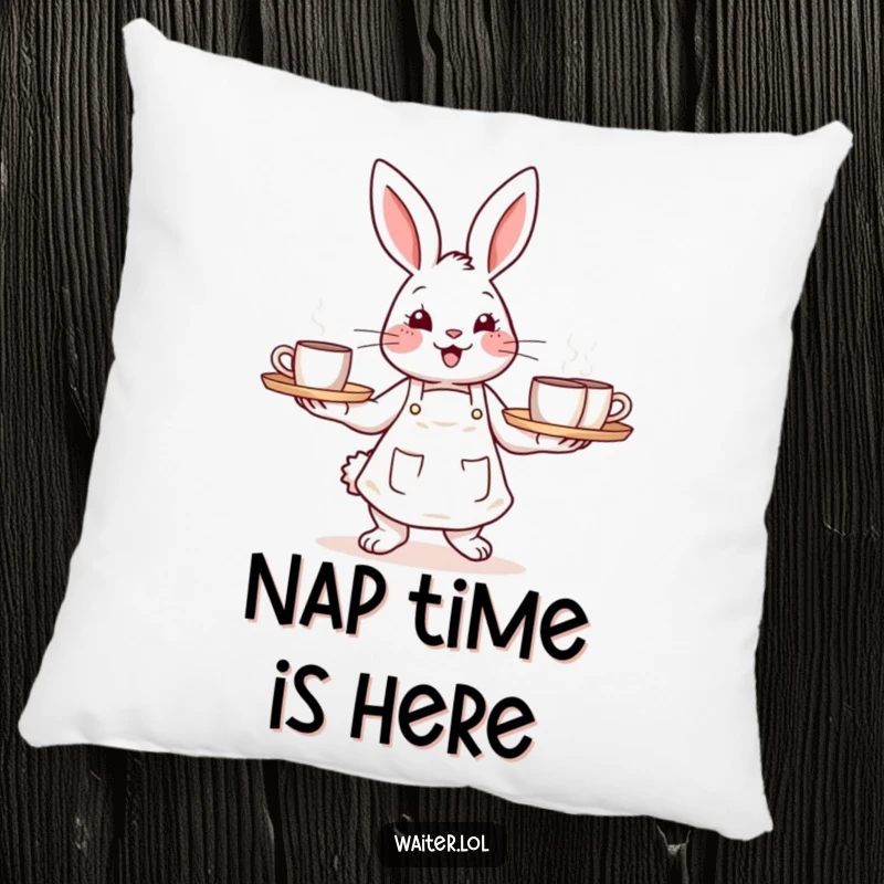Funny pillow depicting a cheerful bunny in an apron carrying a tray of steaming mugs, great for cozy decor.