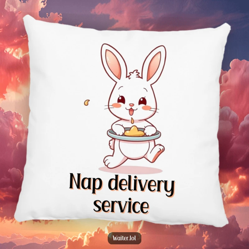 Funny Pillow featuring a playful bunny hopping with a tray, artfully containing a spill, offering plush comfort and a dose of gentle humor.