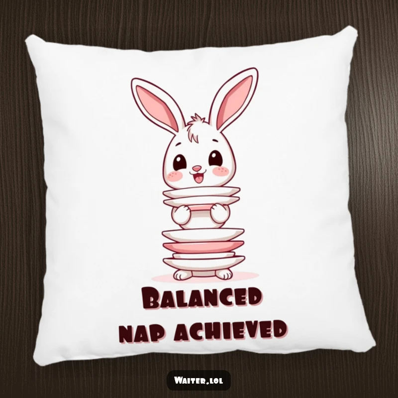 Funny pillow showing a happy bunny with wobbly ears attempting to balance a tall stack of dinner plates.