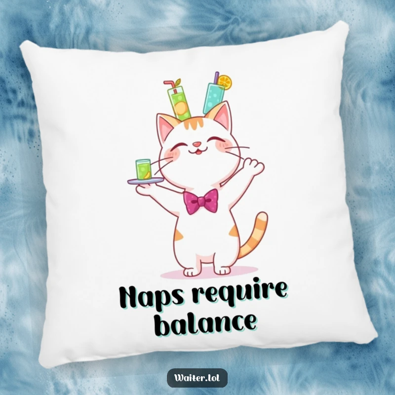Funny decorative pillow with a cheerful cartoon cat wearing a bowtie, happily wobbling a towering tray of drinks.