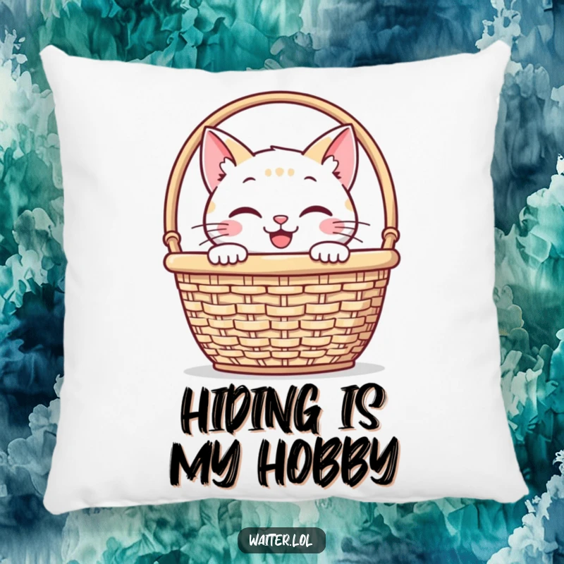 Funny pillow featuring a smiling cat peeking from behind a napkin basket, offering soft comfort and a humorous, playful aesthetic.