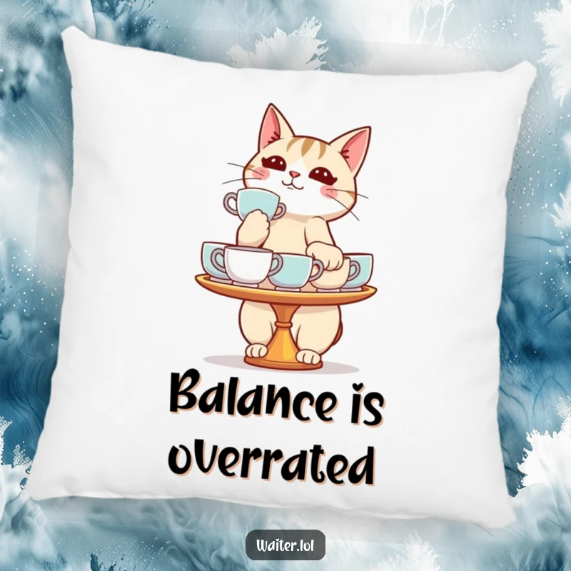 Funny cat pillow featuring a determined cat balancing a tray of teacups, adding comfort and humor to any room.