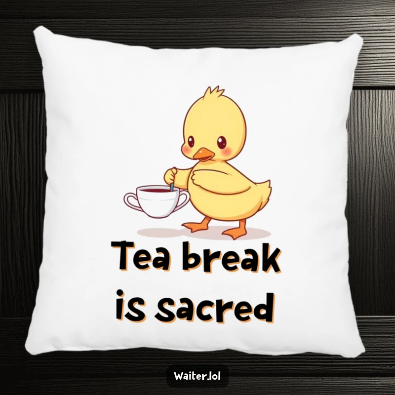 Funny pillow featuring a determined duckling carefully carrying a single teacup, providing soft comfort and a humorous, charming aesthetic.