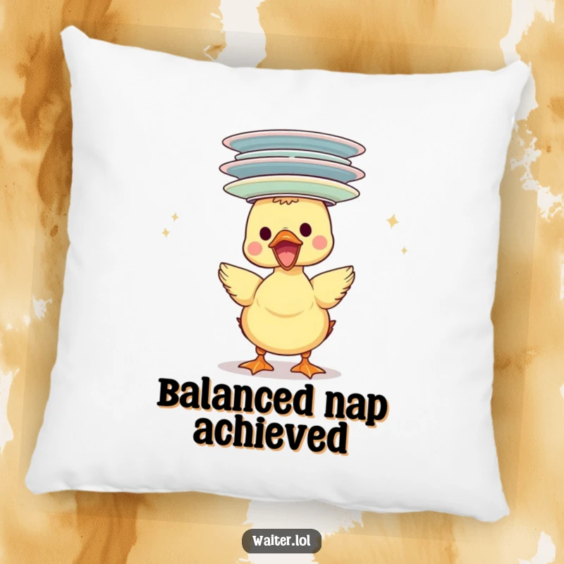 Funny duckling pillow, gleefully balancing plates on its head, offering a soft and humorous decorative touch.