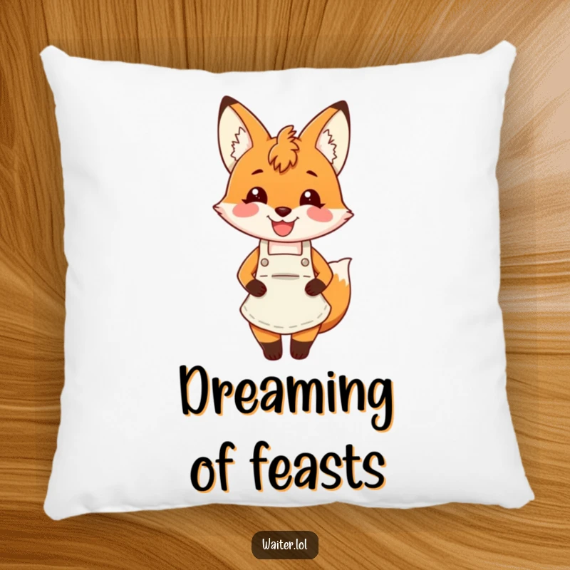 Funny fox apron pillow with a charming fox wearing an apron and smiling broadly, offering comfort and joy.