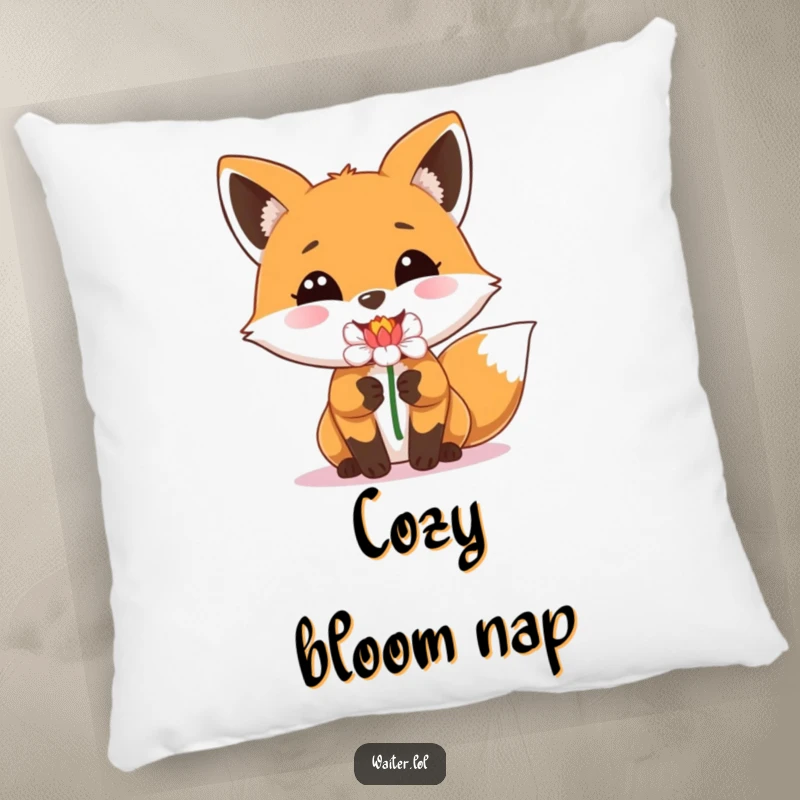 Funny pillow depicting a happy fox with a beaming smile delivering a single perfect flower, great for cozy decor.