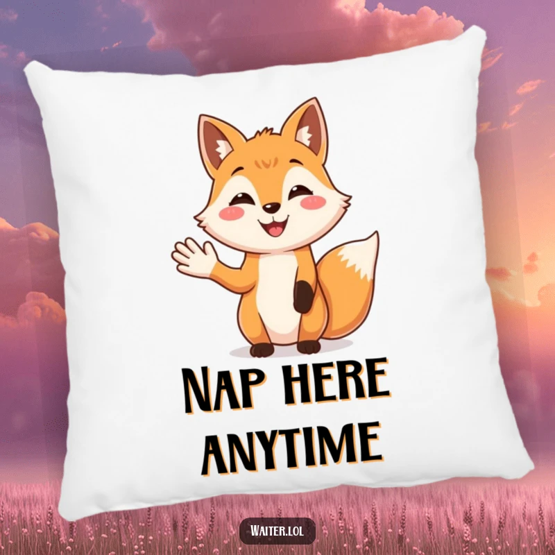 Funny Fox Welcome Pillow: A smiling fox with an open palm offers a friendly hello, ideal for cozy seating.