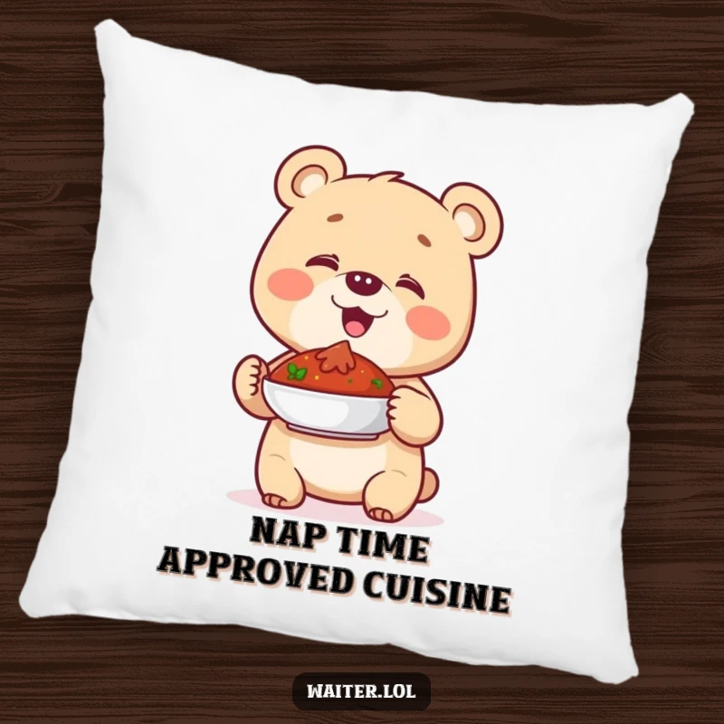 Funny pillow with a giggling bear cub proudly presenting a dish, offering soft comfort and a cheerful vibe.