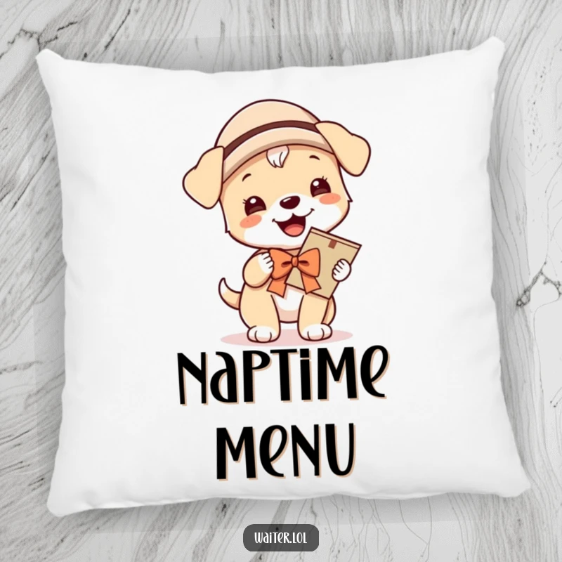 Funny pillow showing a giggling puppy wearing a hat and bow, proudly carrying a menu, providing soft, cheerful, and welcoming decor.