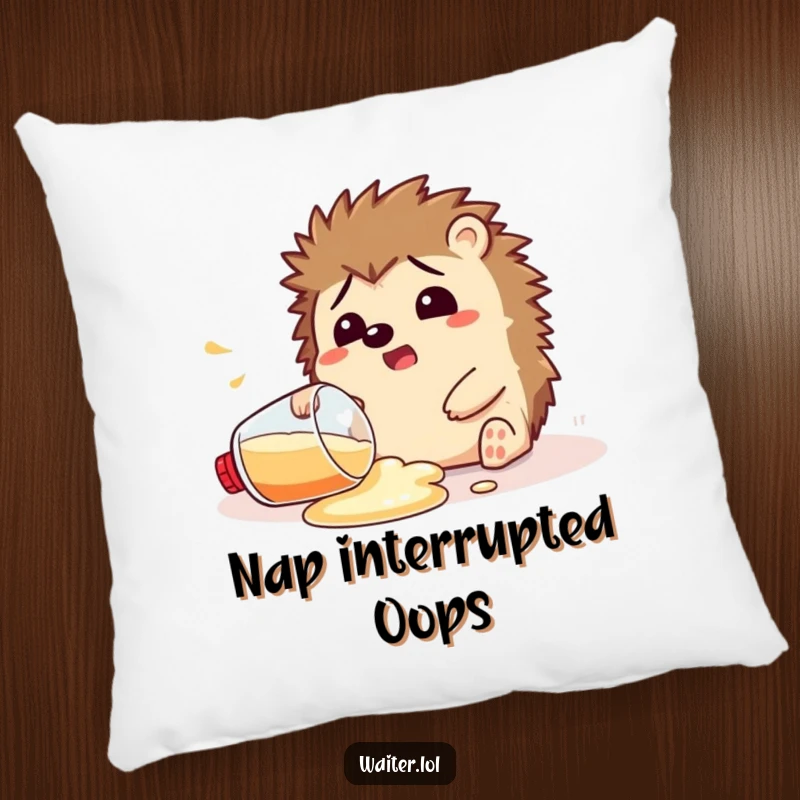 Funny Pillow featuring a cute, cartoon hedgehog looking shocked while spilling a drink adds a humorous touch to any room.