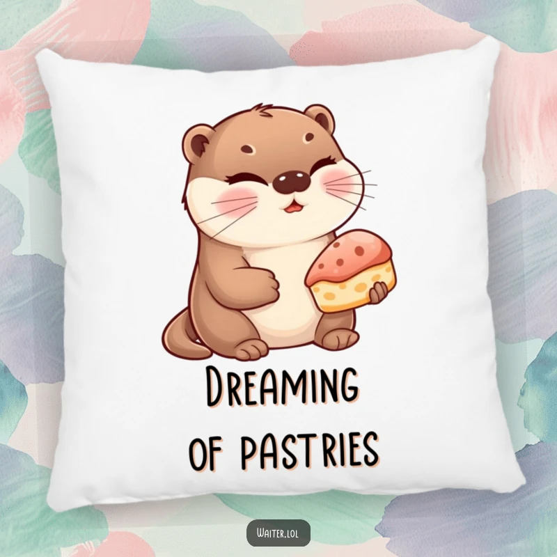 Funny Otter Pastry Pillow: A cute otter winks while presenting a single, delicious pastry, bringing comfort and sweetness.