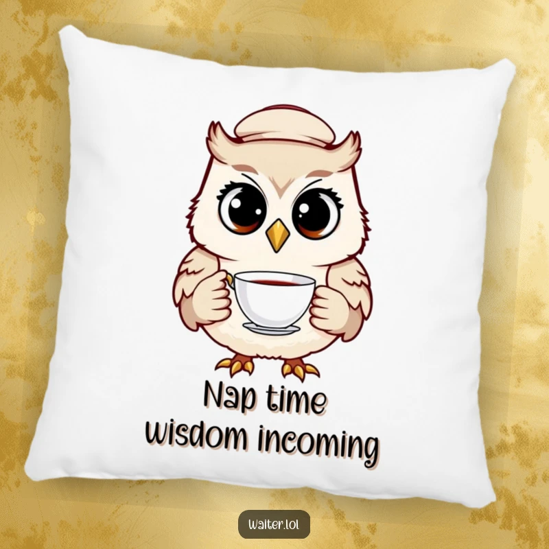 Funny owl waiter pillow featuring a cheerful bird in a cap, holding a teacup with wide, knowing eyes, for comfortable, humorous decor.