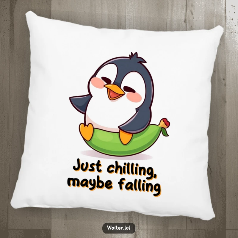 Funny penguin pillow featuring a goofy penguin comically slipping on a pea, mid-squawk, for decorative fun.