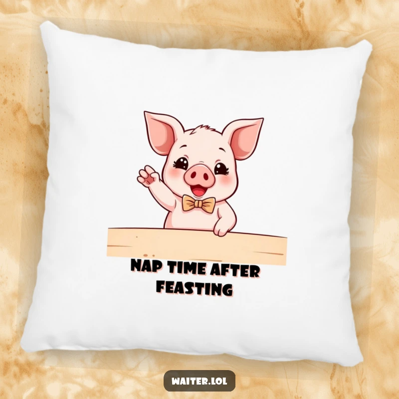 Funny Piglet Waiter Pillow: A cute piglet wearing a bowtie enthusiastically gestures towards a table, bringing comfort and humor.