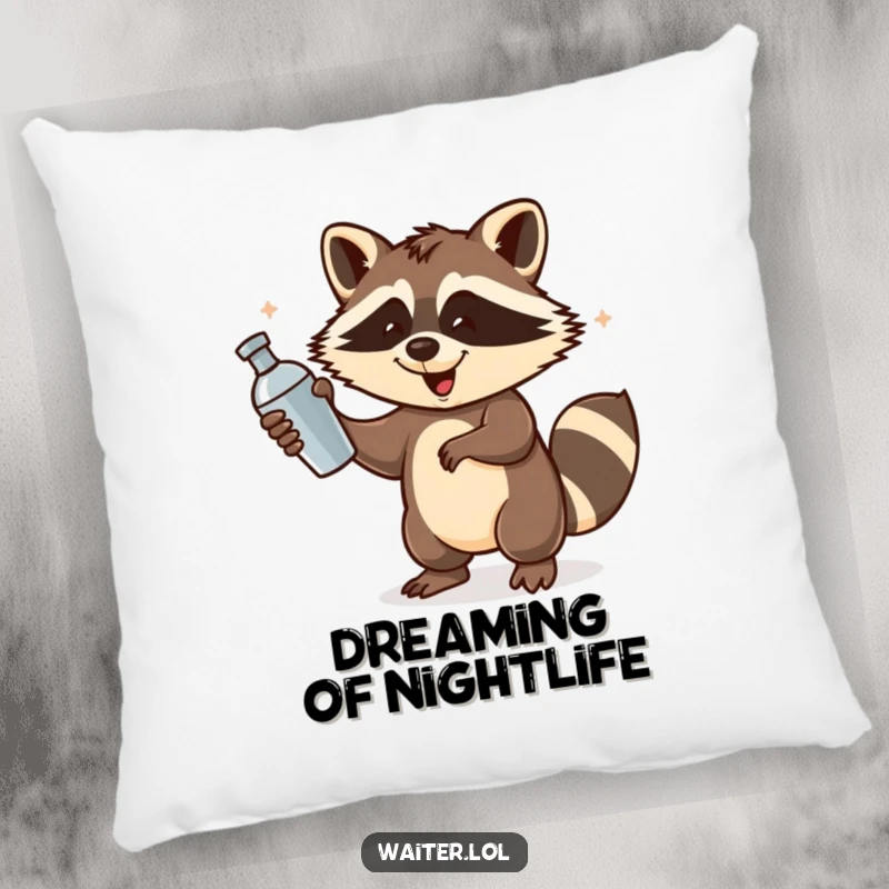 Funny Raccoon Bartender Pillow: A playful raccoon spins a cocktail shaker with energetic flair, bringing comfort and party vibes.