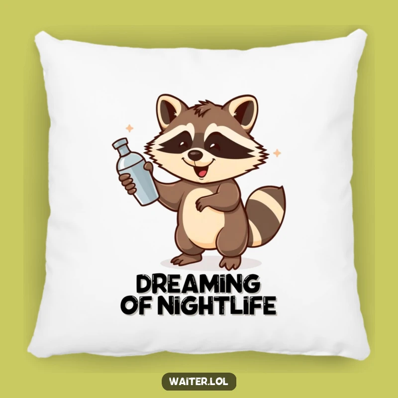 Funny Raccoon Bartender Pillow: Cozy Shakin’ Raccoon Cushion, Party Comfort, Cute Funny Gift