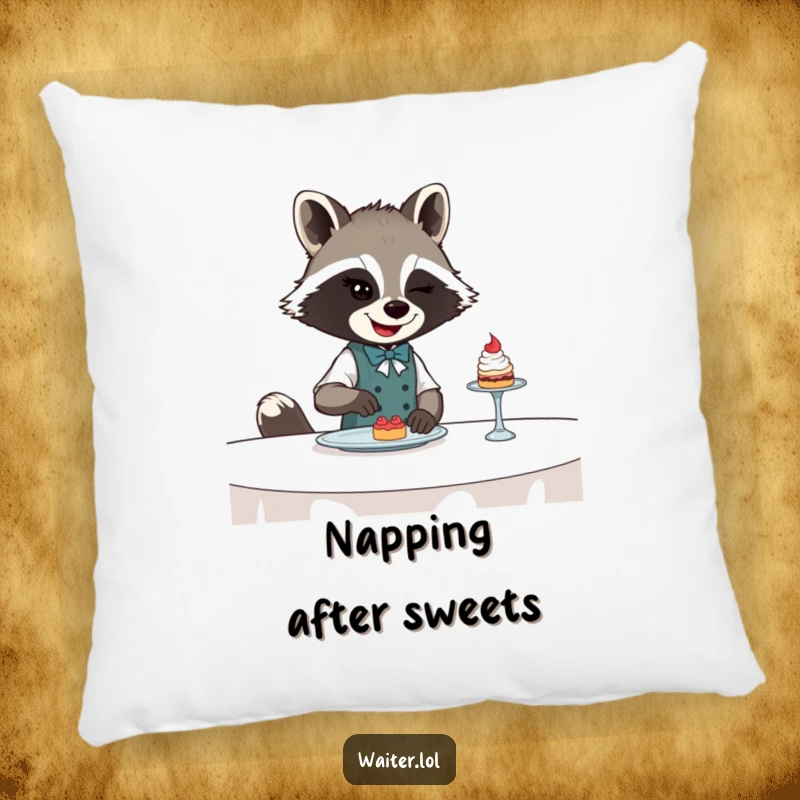 Funny Raccoon Waiter Pillow: A winking raccoon waiter slides a tiny dessert across a table, adding humorous comfort.