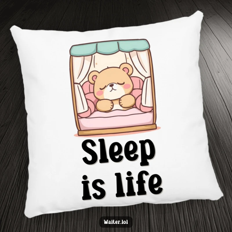 Funny pillow featuring a sleepy bear character peacefully snoozing in a comfortable booth, perfect for cozying up and sweet dreams.