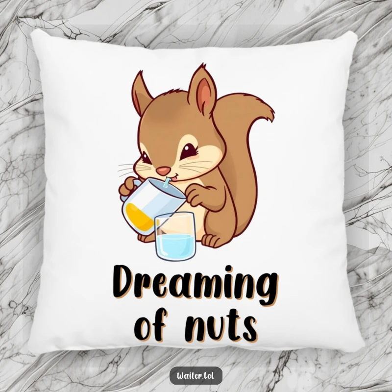 Funny Squirrel Bartender Pillow: A soft pillow displaying a determined squirrel carefully pouring a drink from a tiny pitcher with focused paws.